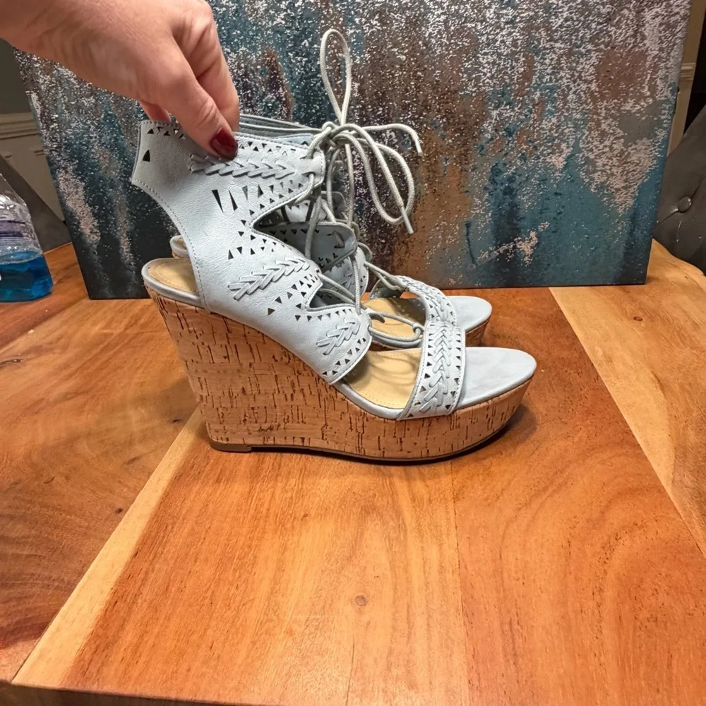 Marc Fisher Boho Chic Leather Lace-Up Cork Wedge Sandals – Light Blue (EUC)